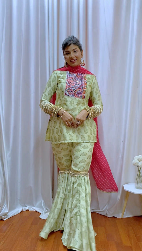 Kzari Green Printed Kurta Sharara Set with Bandhani Dupatta and Exquisite Mirror Work