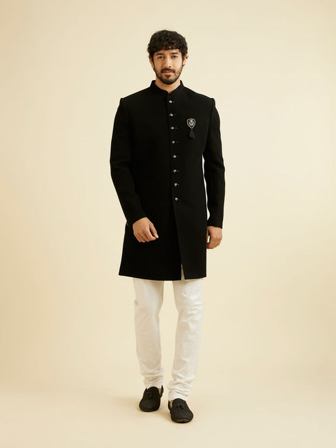 Manyavar Majestic Black Knitted Indo Western Set