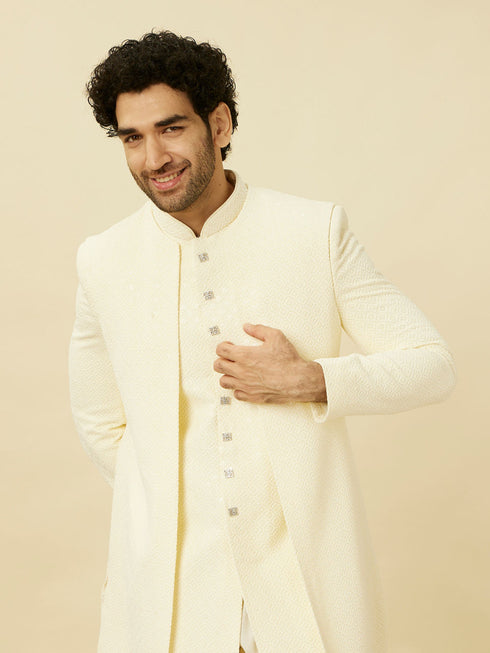 Manyavar Cream Diamond Patterned Indo Western Jacket Set