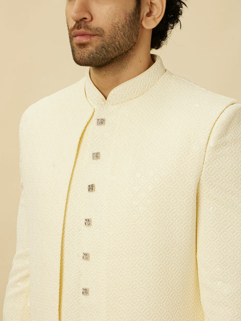 Manyavar Cream Diamond Patterned Indo Western Jacket Set