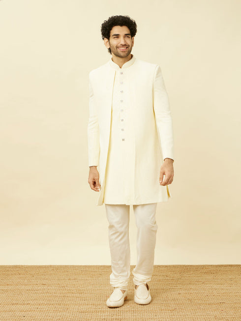 Manyavar Cream Diamond Patterned Indo Western Jacket Set