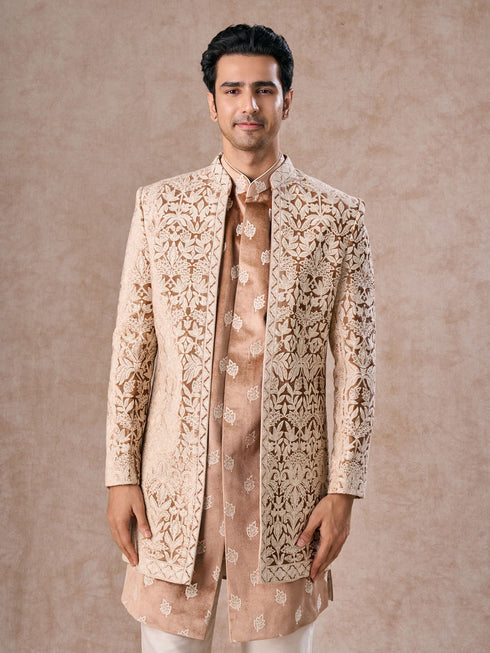 Manyavar Fawn Velvet Festivity Indo Western