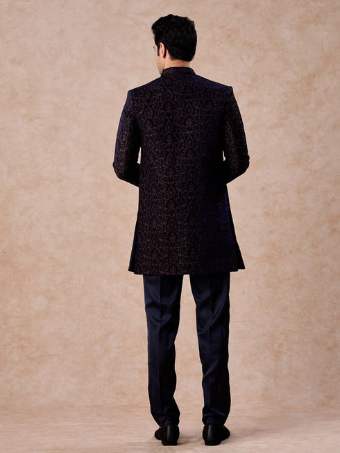 Manyavar Radiant Blue Velvet Indo Western