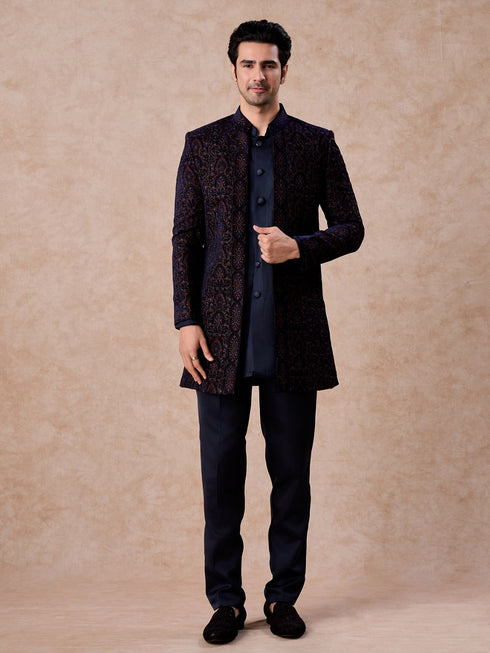 Manyavar Radiant Blue Velvet Indo Western