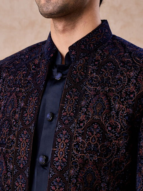 Manyavar Radiant Blue Velvet Indo Western