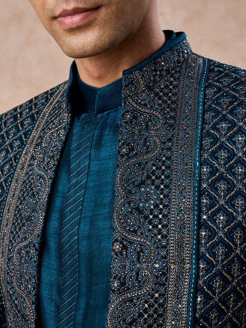 Manyavar Teal Blue Georgette Elegance Indo Western