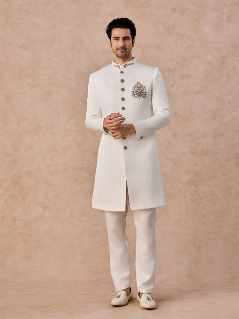 Manyavar Glistening Cream Satin Indo Western