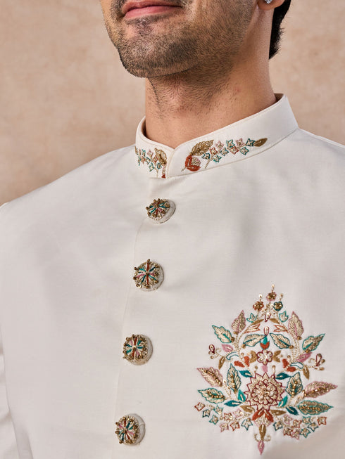 Manyavar Glistening Cream Satin Indo Western