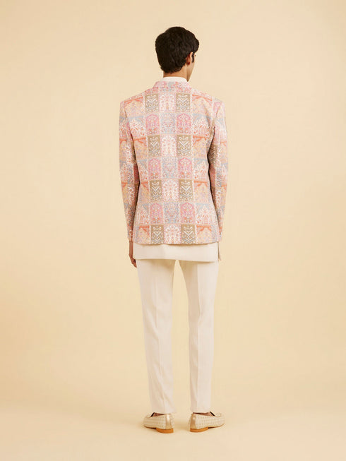 Manyavar Orange and Beige Blended Viscose Printed Indo Western Set