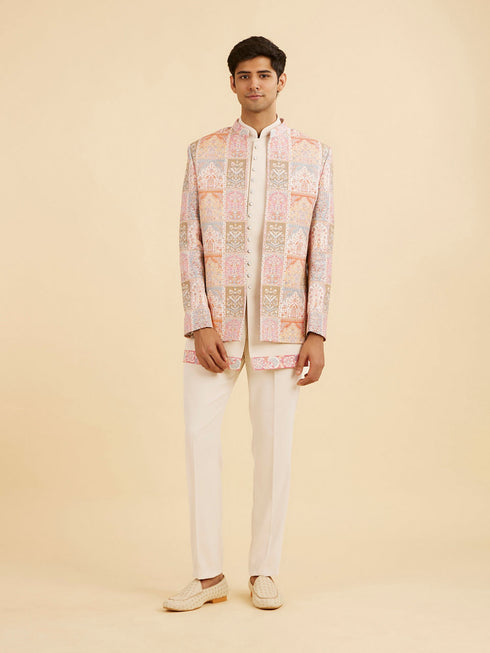 Manyavar Orange and Beige Blended Viscose Printed Indo Western Set
