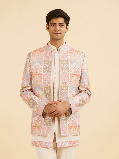 Manyavar Orange and Beige Blended Viscose Printed Indo Western Set