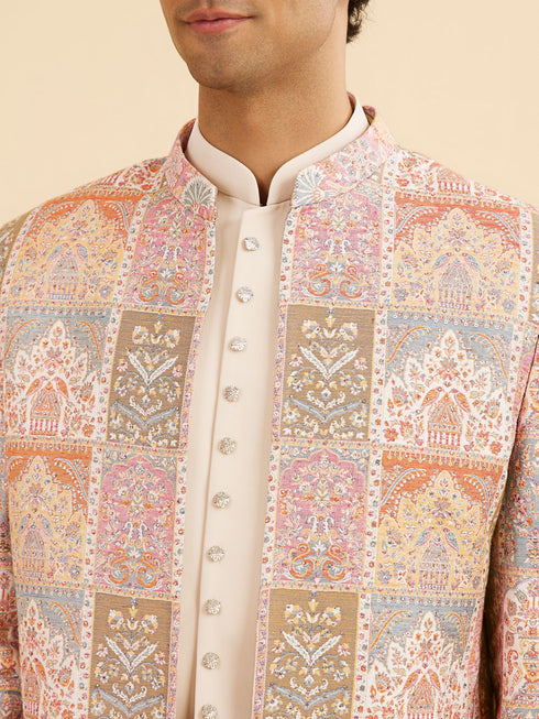 Manyavar Orange and Beige Blended Viscose Printed Indo Western Set