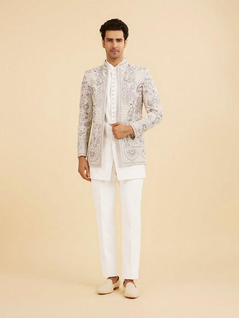 Manyavar Vijay's Light Grey & White Net Indo Western Set with Floral Embroidery
