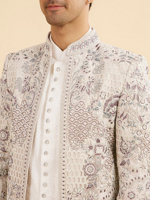 Manyavar Vijay's Light Grey & White Net Indo Western Set with Floral Embroidery