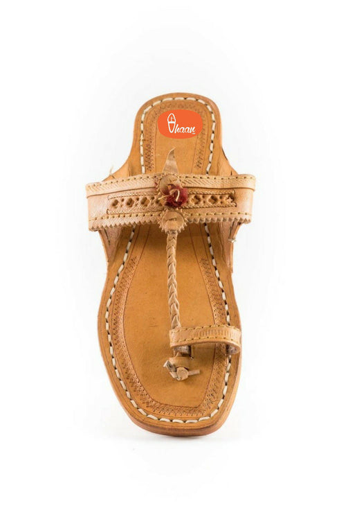 Vhaanfootwear Yellow Moja T Shape Red Gonda Veni Belt Patta Detailed Punching Kolhapuri Chappal For Women