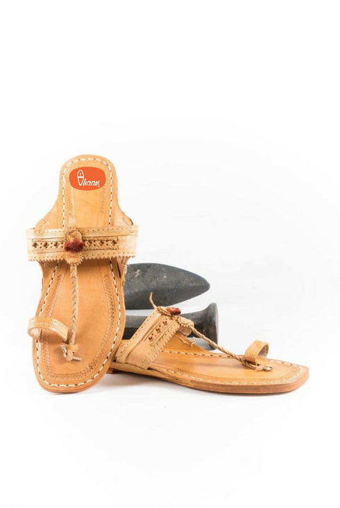 Vhaanfootwear Yellow Moja T Shape Red Gonda Veni Belt Patta Detailed Punching Kolhapuri Chappal For Women
