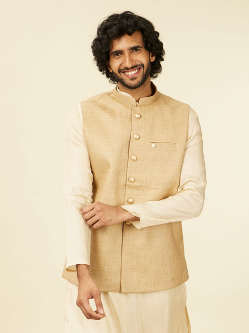 Manyavar Beige Fawn Self Patterned Nehru Jacket