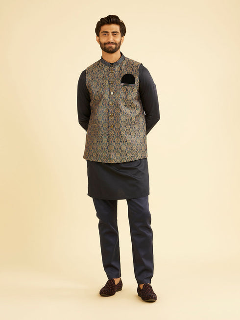 Manyavar Twilight Blue Ogee Patterned Jacket