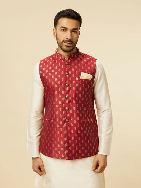 Manyavar Brick Red Jacket with Buta Motifs