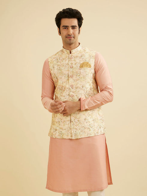 Manyavar Light Peach Floral Printed Nehru Jacket