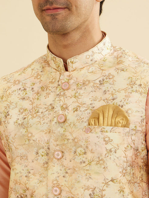 Manyavar Light Peach Floral Printed Nehru Jacket