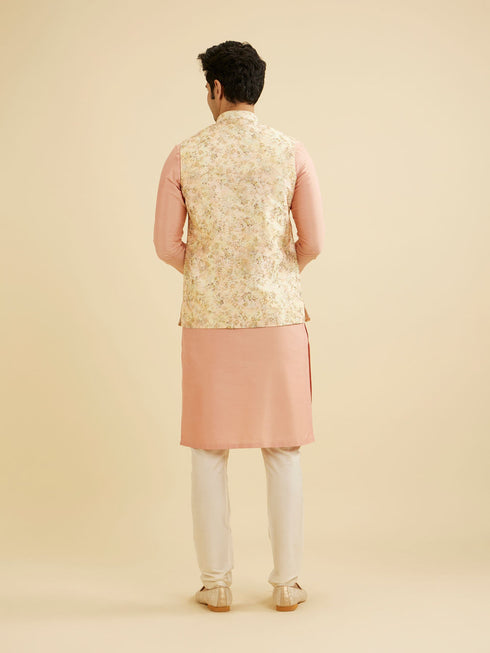 Manyavar Light Peach Floral Printed Nehru Jacket