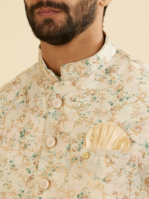 Manyavar Buttercream White Floral Printed Jacket