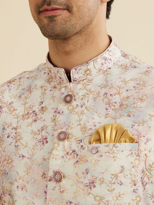 Manyavar Soft Lilac Floral Printed Nehru Jacket