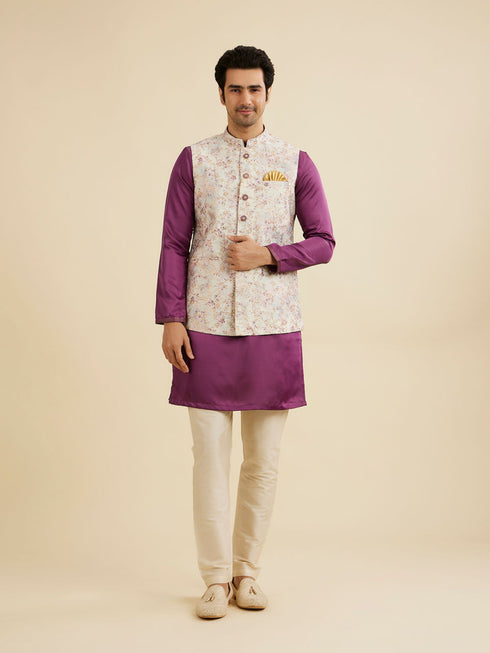 Manyavar Soft Lilac Floral Printed Nehru Jacket