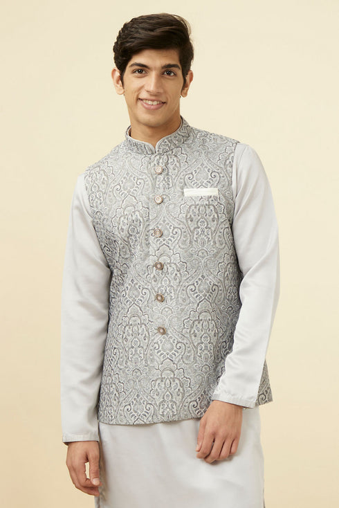 Manyavar Pearl RIver Grey Chikankari Inspired Printed Jacket
