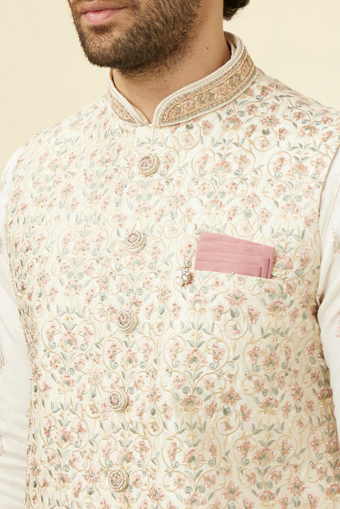 Manyavar Cream Pink Floral Printed Half Jacket