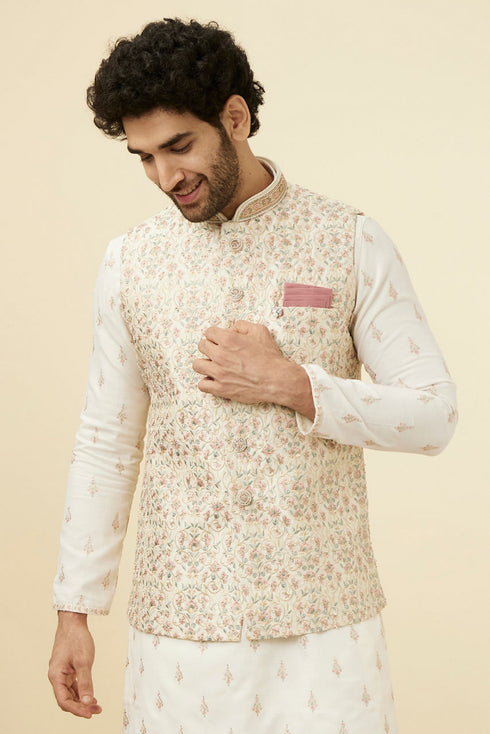 Manyavar Cream Pink Floral Printed Half Jacket