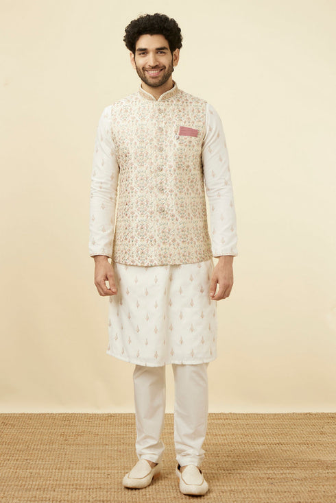 Manyavar Cream Pink Floral Printed Half Jacket