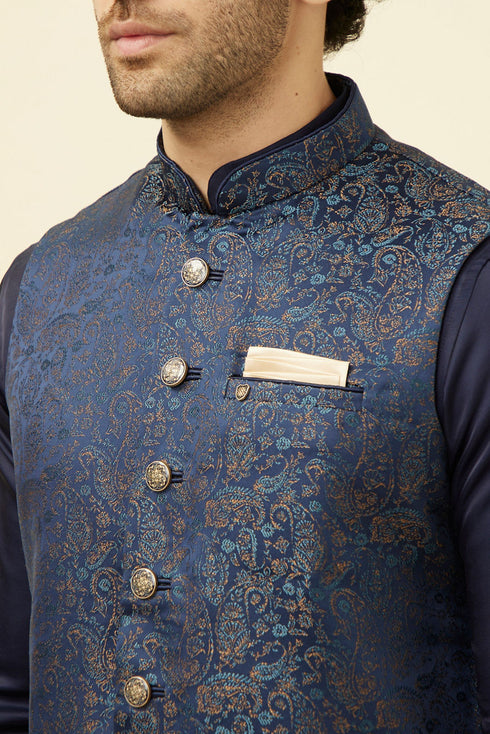Manyavar Navy Blue Printed Jacket