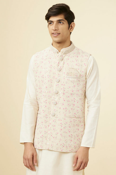 Manyavar Cream Jacket With Contrasting Pink Motifs