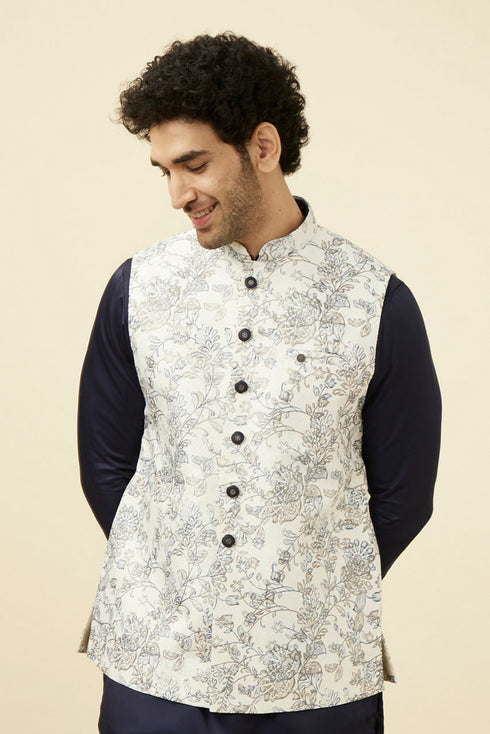 Manyavar Blue and White Printed Jacket