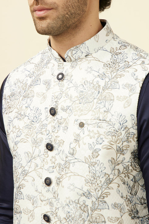 Manyavar Blue and White Printed Jacket