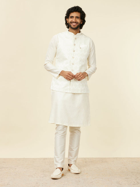 Manyavar Warm White Grid Patterned Nehru Jacket
