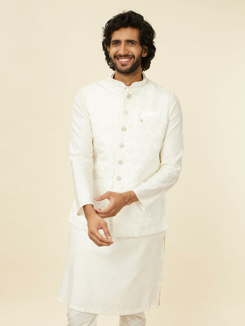 Manyavar Warm White Grid Patterned Nehru Jacket