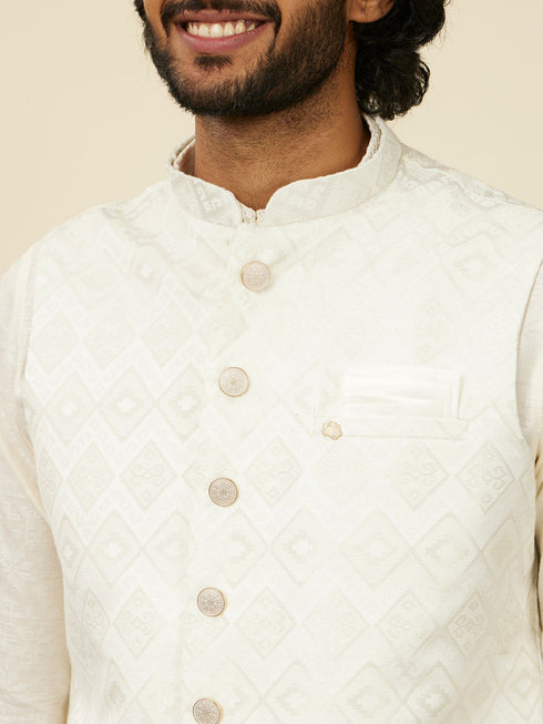 Manyavar Warm White Grid Patterned Nehru Jacket