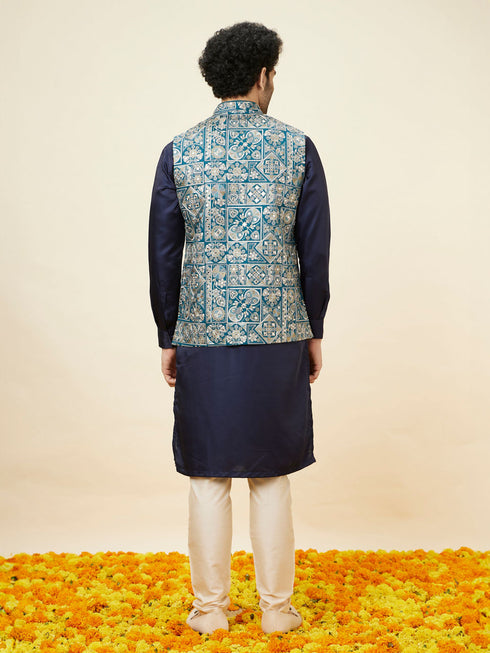 Manyavar Ferozi Blue Botanical Patterned Jacket