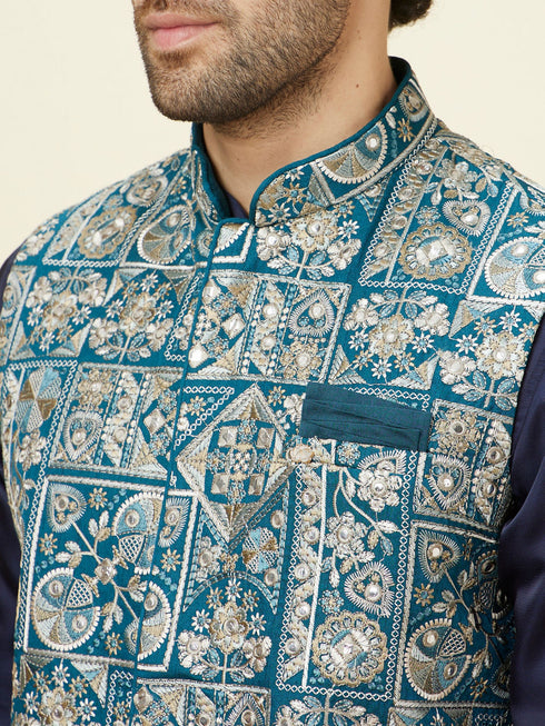 Manyavar Ferozi Blue Botanical Patterned Jacket