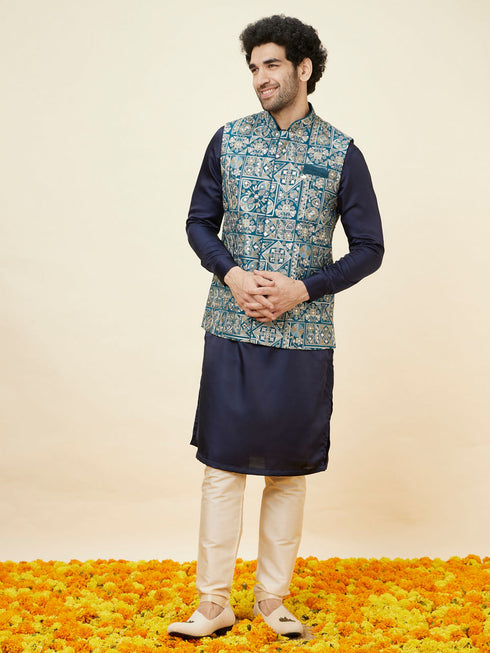 Manyavar Ferozi Blue Botanical Patterned Jacket
