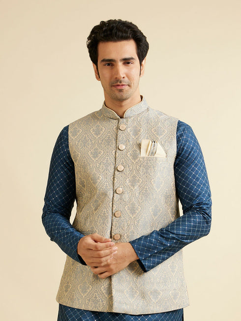 Manyavar Dark Grey Medallion Patterned Nehru Jacket