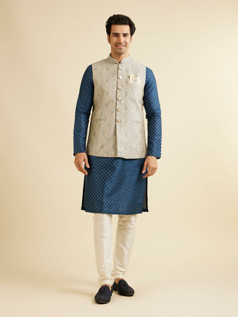 Manyavar Dark Grey Medallion Patterned Nehru Jacket