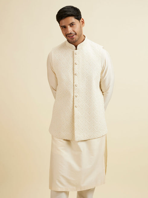 Manyavar Warm White Sequinned Jaal Patterned Jacket