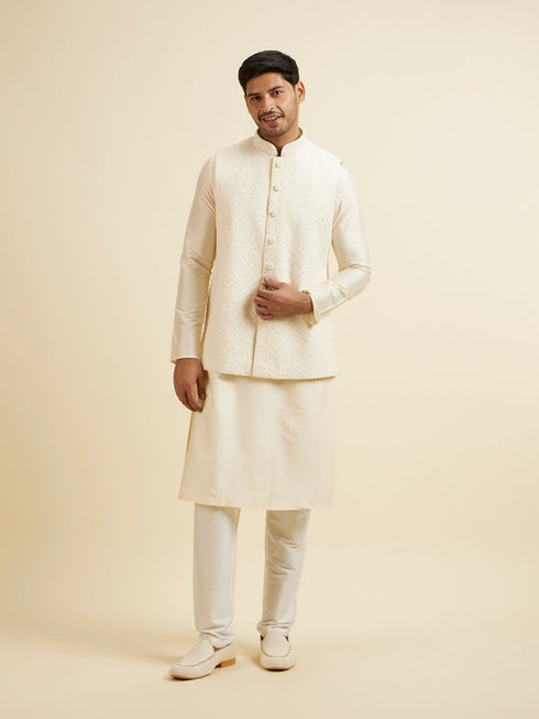 Manyavar Warm White Sequinned Jaal Patterned Jacket