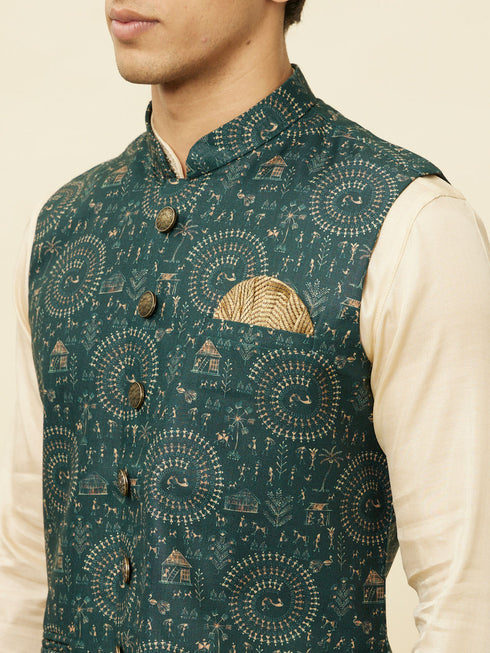 Manyavar Pine Green Warli Tribal Art Printed Jacket