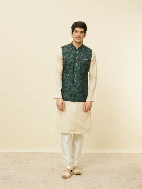 Manyavar Pine Green Warli Tribal Art Printed Jacket