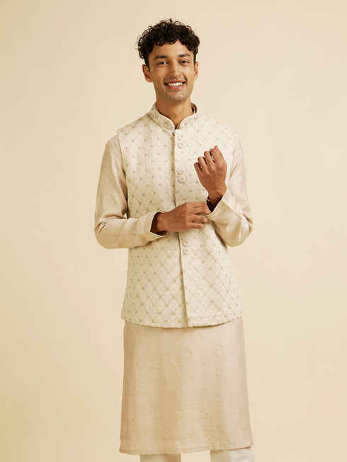 Manyavar Beige Buta Jaal Embroidered Nehru Jacket